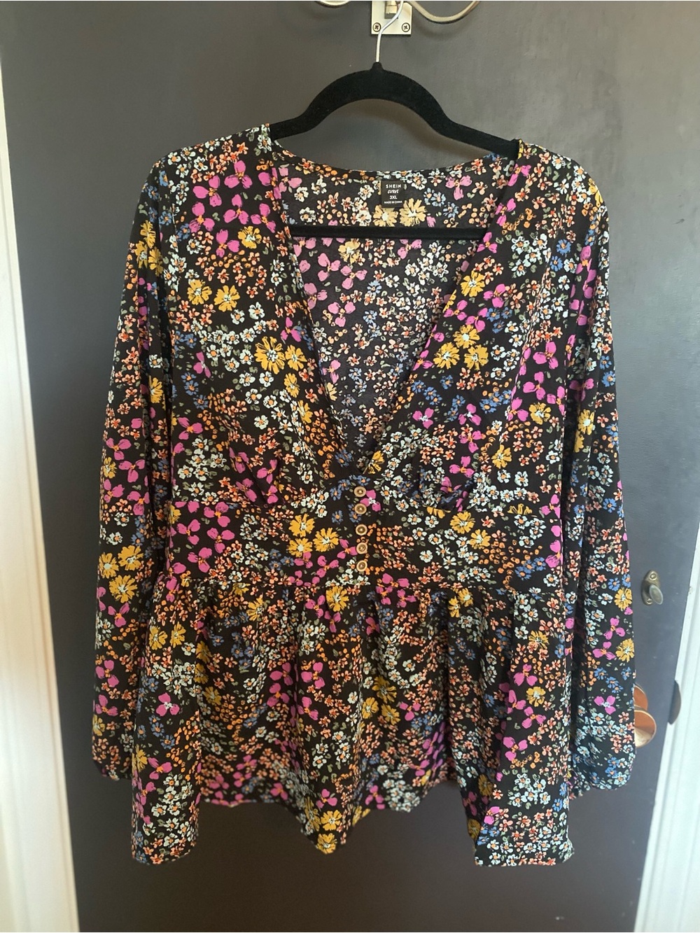 SHEIN Black Floral V-Neck Long Sleeve Peplum Top with Pink & Yellow Flowers